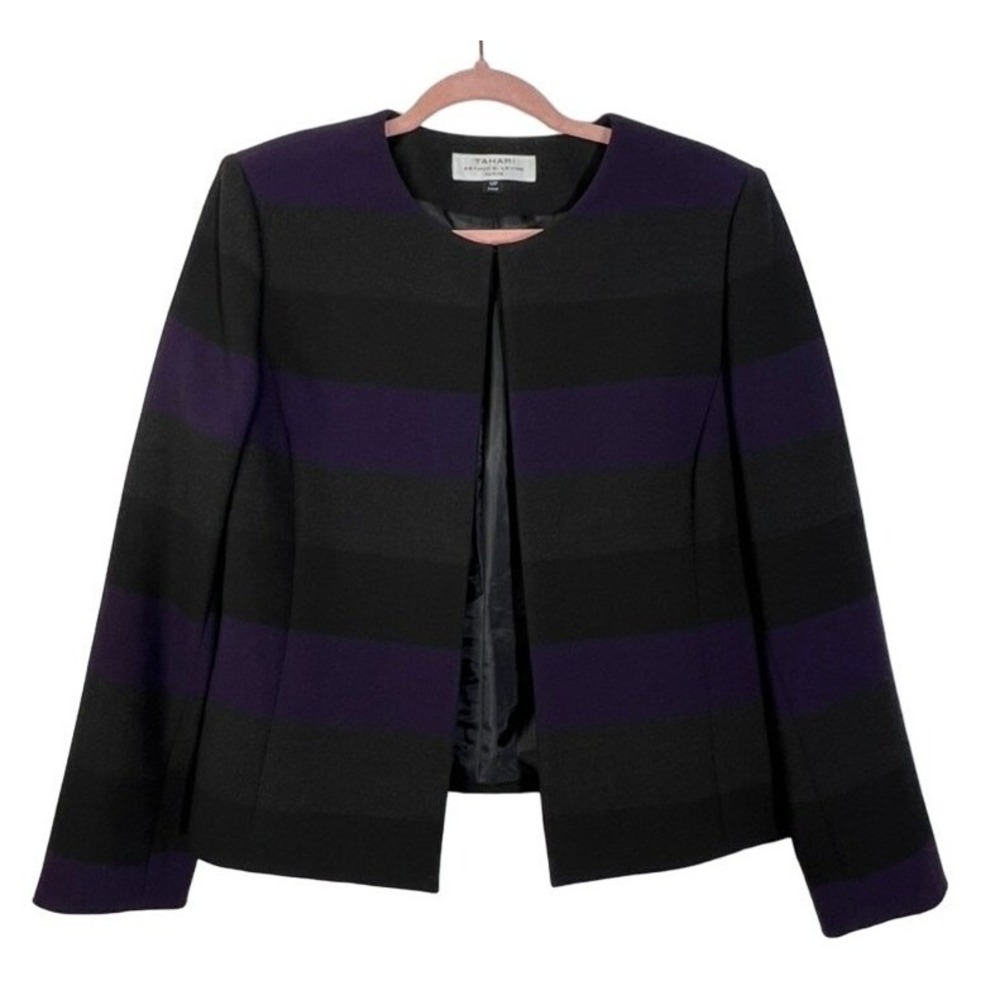 Tahari Modern Coporate Structured Tailored Purple Black Gray Striped Blazer 12P